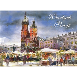 A beautiful glossy Christmas card featuring the St Mary's Church in Krakow surrounded by market stands in the old town square. Blank inside.