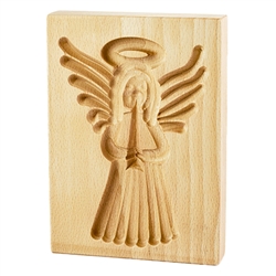Solid beech wood hand carved mold featuring an angel folk design. This mold comes from the gingerbread museum in Torun, Poland. These types of wooden molds are used to create gingerbread and cookie designs.