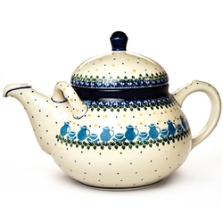 Polish Pottery 2 L Teapot with Two Handles. Hand made in Poland and artist initialed.