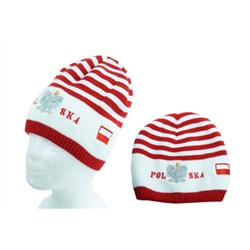 Display your Polish heritage! with this read and whote stretch ribbed-knit skull cap with the word Polska (Poland) and the Polish Eagle. Easy care acrylic fabric. Once size fits most. Imported from Poland.