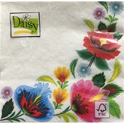 Floral folk design from the Lowicz region of central Poland. Three ply napkins with water based paints used in the printing process