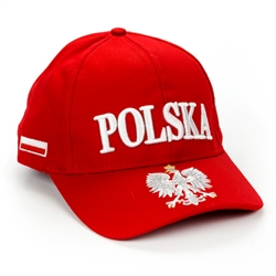 Stylish red cap with silver and white thread embroidery. The cap features a silver Polish Eagle with gold crown and talons. Features an adjustable cloth and metal tab in the back. Designed to fit most people.