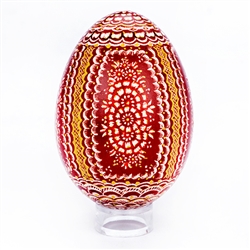 This beautifully designed goose egg is hand painted by master folk artist Krystyna Szkilnik from Opole, Poland. The painting is done in the traditional style from Opole. Signed and dated (2017) by the artist. Eggs are blown and can last for generations.