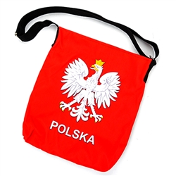 Attractive tote bag featuring the Polish Eagle above Polska (Poland). Heavy duty polyester material, lined inside and adjustable strap. Bag size approx 12" x 14" not including the strap. Made In Poland.