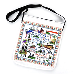 Attractive tote bag featuring a map of Poland highlighting Poland's best known cities, attractions and folklore.  Heavy duty material, lined inside and adjustable strap.  Bag size approx 12" x 14" not including the strap.  Made In Poland.