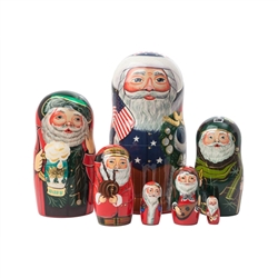 Our International Santas Doll celebrates Christmas around the world! The outer, American Santa is all decked out in Red, White and Blue. Next comes a German Santa, followed by his representatives from Ireland, Scotland, Italy, Poland and Russia. 7 diffe