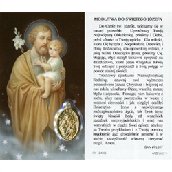 Saint Joseph - Polish - Sw.  Jozefa - Holy Card Plastic Coated. Picture is on the front, Polish text is on the back of the card. Note: the plastic is slightly 'wrinkled' around the medallion and not meant to be removed.