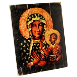 This icon is on an antiqued style wood board. Ready to hang with its own hanger on the back.  Size approx 14.5" x 11.2".  Made In the USA by graphic artist Adam Ksiazek.