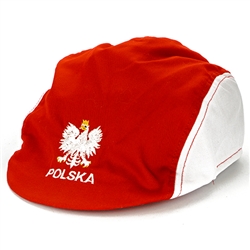 Stylish red cap with white and fold thread embroidery. The cap features the Polish Eagle with gold crown and talons. Polish flag on the back.  Designed to fit average heads (up to 23" diameter).  This cap is made in Poland.