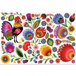 The traditional floral paper cut and rooster design from Lowicz with a white background.  Standard postcard size.