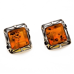 Gorgeous Baltic Amber square stud earrings surrounded with a ring of antique style sterling silver.  Size approx 1" square.