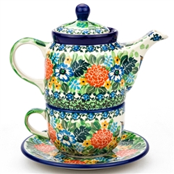 Polish Pottery 16 oz. Personal Teapot Set. Hand made in Poland. Pattern U3271 designed by Teresa Liana.