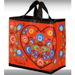 This lightweight yet durable tote bag is a perfect way to display your heritage. Made of polypropylene (PP) woven laminate. Water runs right off.  Size opened is approx 14" x 13.5" x 8".