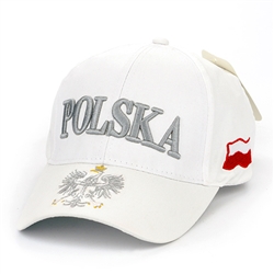 Stylish white cap with silver and white thread embroidery. The cap features a silver Polish Eagle with gold crown and talons. Features an adjustable cloth and metal tab in the back. Designed to fit most people.