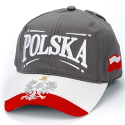 Stylish red,white and grey cap with silver and white thread embroidery. The cap features a silver Polish Eagle with gold crown and talons. Features an adjustable cloth and metal tab in the back. Designed to fit most people.