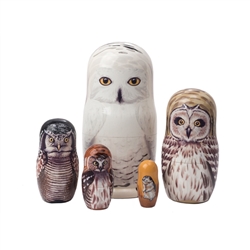 The white snowy owl rules the night sky of the north. The realistic look of our northern owls nesting doll will amaze you! The largest doll is a fantastic rendition of the snowy owl.  Open him up to reveal a short-eared owl, hawk owl, cute little saw-whet