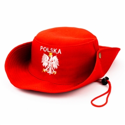Embroidered Silver Polish Eagle Hat. Display the Polish colors of red and white with this handsome looking hat with detailed embroidery work. The front features an embroidered Polish Eagle made of silver thread with a crown and talons of gold colored