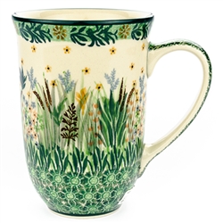 Polish Pottery 17 oz. Bistro Mug. Hand made in Poland. Pattern U4328 designed by Krystyna Dacyszyn.