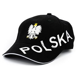 Stylish black cap with silver and white thread embroidery. The cap features a silver Polish Eagle with gold crown and talons. Features an adjustable cloth and metal tab in the back. Designed to fit most people.