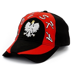 Stylish black and red  cap with silver and white thread embroidery. The cap features a silver Polish Eagle with gold crown and talons. Features an adjustable cloth and metal tab in the back. Designed to fit most people.