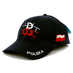 Stylish cap with the symbol of the Polish Uprising in 1944. Features an adjustable cloth and metal tab in the back. Designed to fit most people. Black