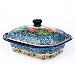 Polish Pottery 7" personal Covered Baker. Hand made in Poland. Pattern U4779 designed by Teresa Liana.