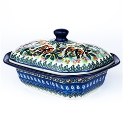 Polish Pottery 7" personal Covered Baker. Hand made in Poland. Pattern U2649 designed by Maria Starzyk.