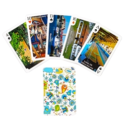 Delightful set of Kashubian playing cards featuring color scenes throughout the Kaszubian region of Poland. Single deck of 52 cards.  Box colors vary.