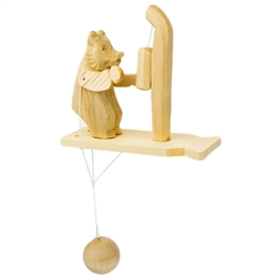 Wooden spin toy from Russia that will bring smiles to all who try it! This bear is training with a boxing bag! A perfect example of an old fashioned action toy.