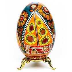 This beautifully designed goose egg is hand made in the Ukraine by artist Volodymyr Kovalenko.  Stand sold separately.