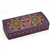This beautiful box is decorated with a symmetrical red, green, and yellow floral design and features a red and yellow border around the sides of the box. Brass inlays and a rich purple stain complete this unique item.