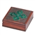 This box has a simple green Celtic knotwork pattern outlined with metal inlay. A mahogany finish and a textured carved background enhances the knotwork design.