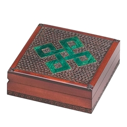 This box has a simple green Celtic knotwork pattern outlined with metal inlay. A mahogany finish and a textured carved background enhances the knotwork design.
