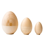 The egg is such a delightful shape in nature, and this one opens up! This unpainted wooden egg stands just over 4" tall. Open it up and you find two more eggs inside, one 3" tall and the smallest just 2"