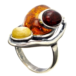 Artistic Three Stone Multi Colored Amber Ring