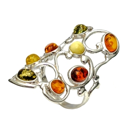 Large artistic eight stone amber ring set in sterling silver. Size approx 1" x 1.5".