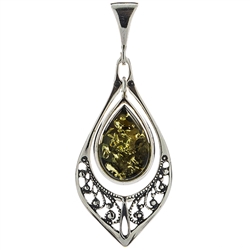 Sterling Silver with filigree detail surrounding a beautiful green amber cabochon. Size is approx 1.75" x .75".