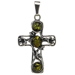 Green amber set in antique style sterling silver cross pendant. Size approx 1.75" x  1".