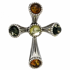 Elegant multi-color amber set in sterling silver cross pendant. Size approx 1." x .6".
