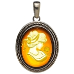 Silver And Amber Cameo Pendant 1.75"