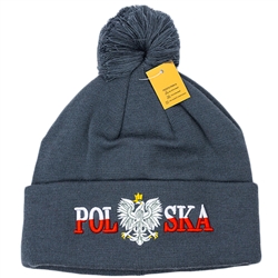 Display your Polish heritage! Stretch fine knit skull cap with the word Polska (Poland) divided by an embroidered Polish Eagle. Easy care acrylic fabric. Once size fits most. Imported from Poland.
