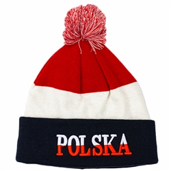 Display your Polish heritage! Stretch fine knit skull cap with the word Polska (Poland) in red and white letters.. Easy care acrylic fabric. Once size fits most. Imported from Poland.