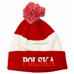 Display your Polish heritage! Stretch fine knit skull cap with the word Polska (Poland) in red and white letters.. Easy care acrylic fabric. Once size fits most. Imported from Poland.