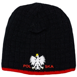 Display your Polish heritage! Stretch knit skull cap with the word Polska (Poland) between the Polish Eagle.. Easy care acrylic fabric. Once size fits most. Imported from Poland.