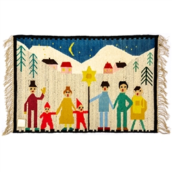 Beautiful hand woven wool wall-hanging depicting the Polish custom of caroling at Christmas time. Size approx. 44" x 30" not including the fringe.