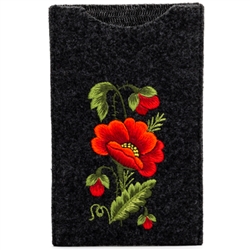 Soft charcoal black felt sewn case with hand embroidered Lowicz folk flowers on one side. Beautiful and functional. Floral Designs Vary
Designed to fit large IPhones.
Exterior Size - 4.25" x 7" - Interior size 3.75" x 6.5"