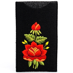 Soft black felt sewn case with hand embroidered Lowicz folk flowers on one side. Beautiful and functional. Designed to fit IPhones. 
Exterior Size - 4" x 7" - Interior size 3.75" x 6.75"