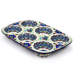 Polish Pottery 11.5" Muffin Pan. Hand made in Poland. Pattern U4864 designed by Teresa Liana.