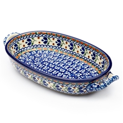 Polish Pottery 9" Oval Baking Dish. Hand made in Poland. Pattern U180 designed by Jacek Chyla.