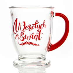 Large size Christmas holiday mug with red design and handle.  Size is approx 5" x 5".  400ml ( 13.5oz) capacity . Hand wash only. Made In Poland.